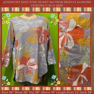 GENEROUSLY SIZED TUNIC XS NWT $62 FRESH PRODUCE BLOSSOMS CATALINA LT BLUE-GRAY
